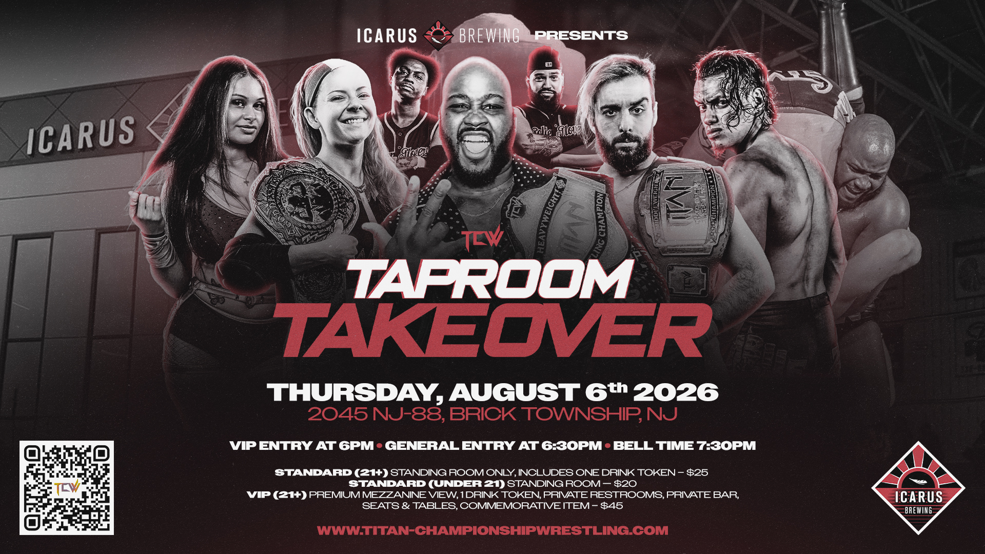 wrestling flyer featuring various wrestlers with Icarus Brewing sign in the background