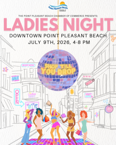 ladies' night out flyer with graphic of women dancing underneath a disco ball and downtown buildings in the background 