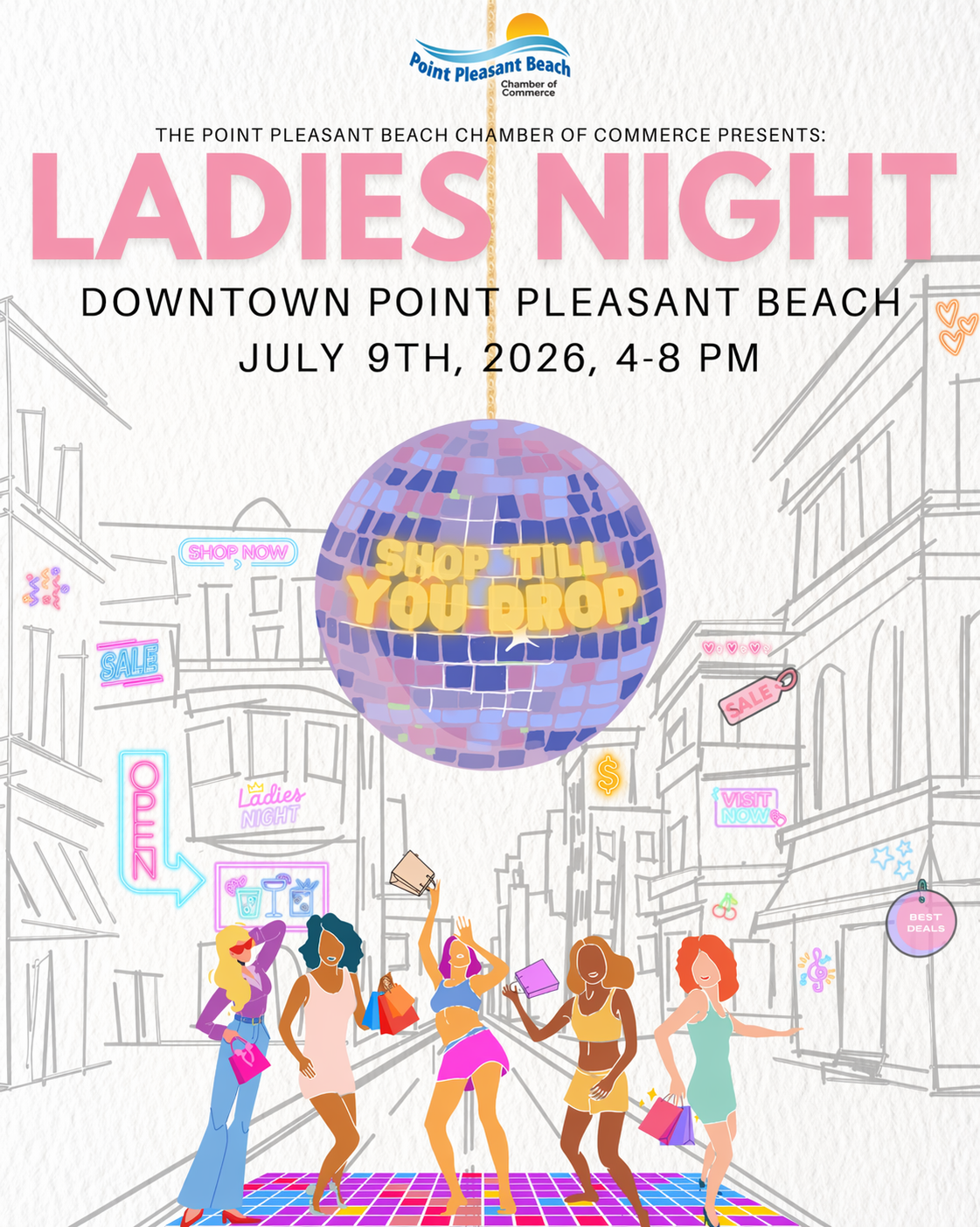 ladies' night out flyer with graphic of women dancing underneath a disco ball and downtown buildings in the background