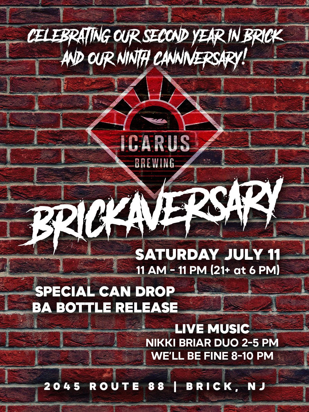 Brickaversary flyer with a brick wall as the background