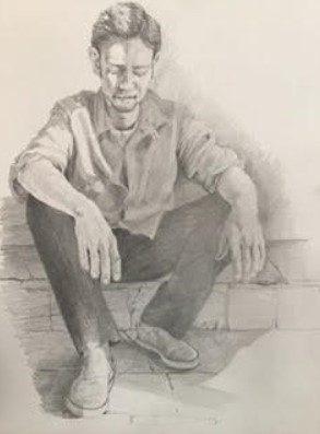 sketch of a man sitting on a rock wall