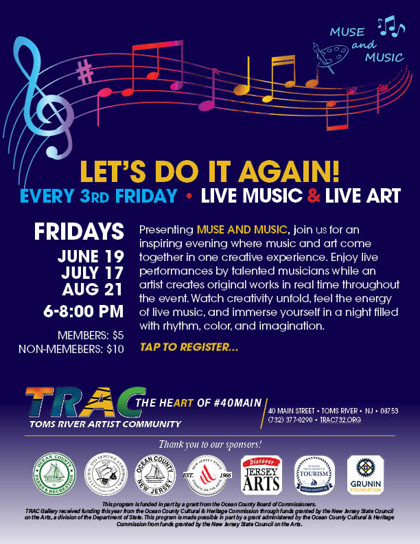 Music & Muse flyer with a purple background and colorful musical notes