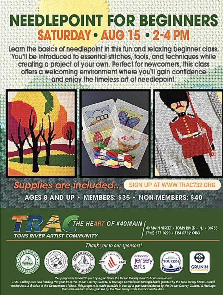 needlepoint project flyer with a guard in a red jacket, trees with red, orange and yellow leaves