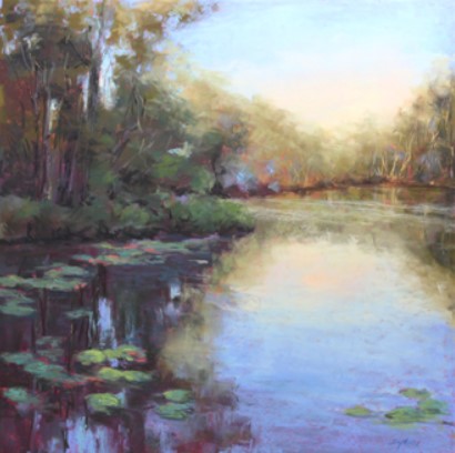 pastel painting of a lake with water lilies and trees surrounding