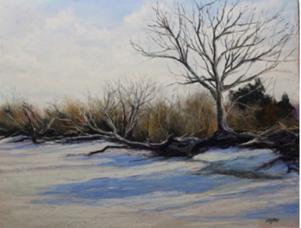 painting of a tree with no leaves and tall grass behind it