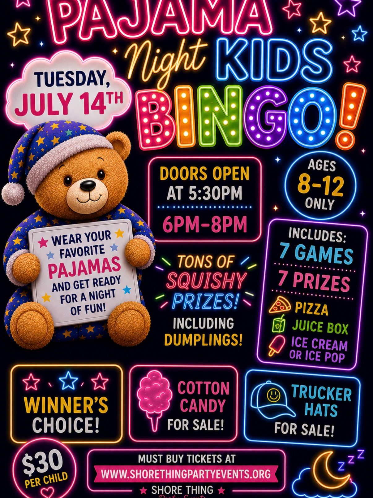teddy bear in pajamas holding a sign on a bingo flyer