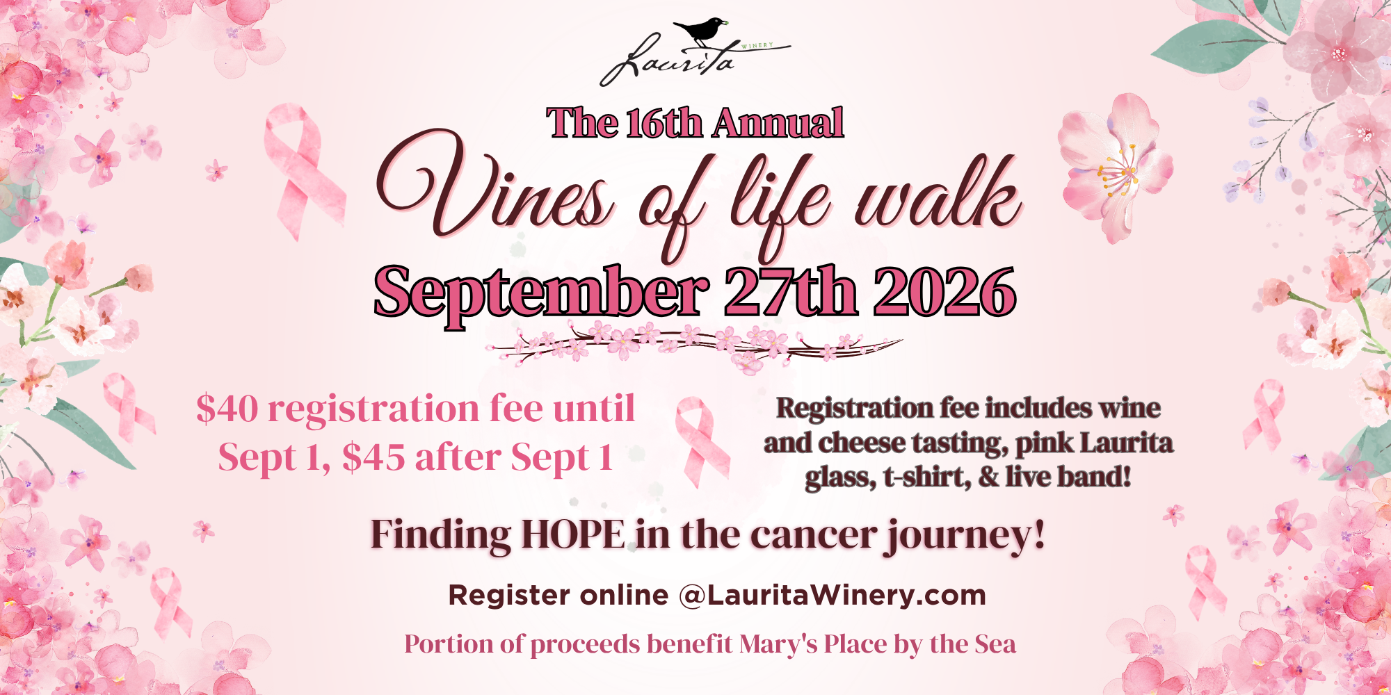 pink flyer for Vines of Life Walk at Laurita Winery, displaying pink ribbons, and pink flowers around the border