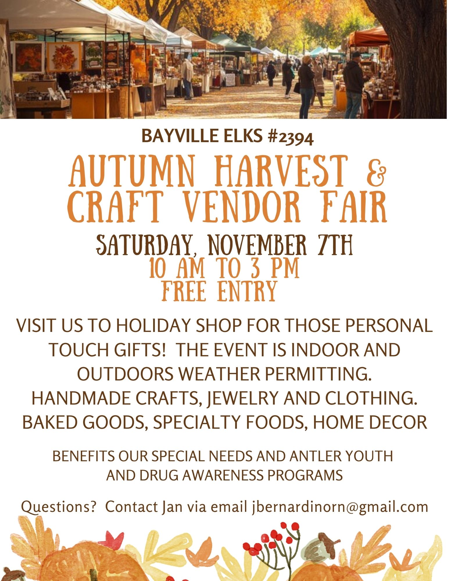 craft vendor fair flyer with a photo of people walking around a craft fair and vendor tents with a fall scene