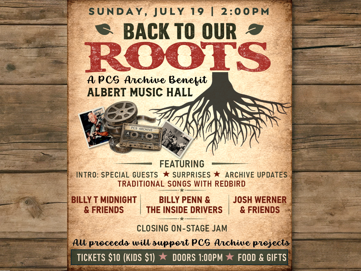 Flyer with a wooden board background, tree roots, old photographs, movie film and a stereo tape