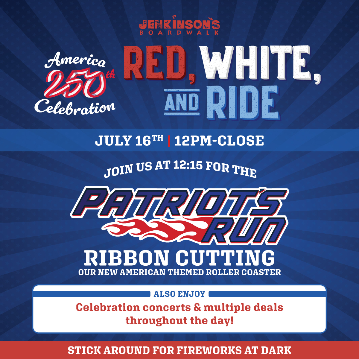 red, white and ride flyer for roller coaster ribbon cutting
