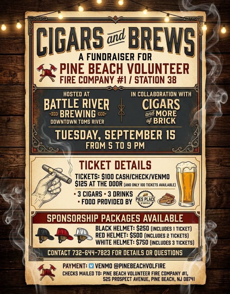 Cigars and Brews fundraiser flyer with graphic of a beer, a slice of pie on a plate and a hand holding a cigar