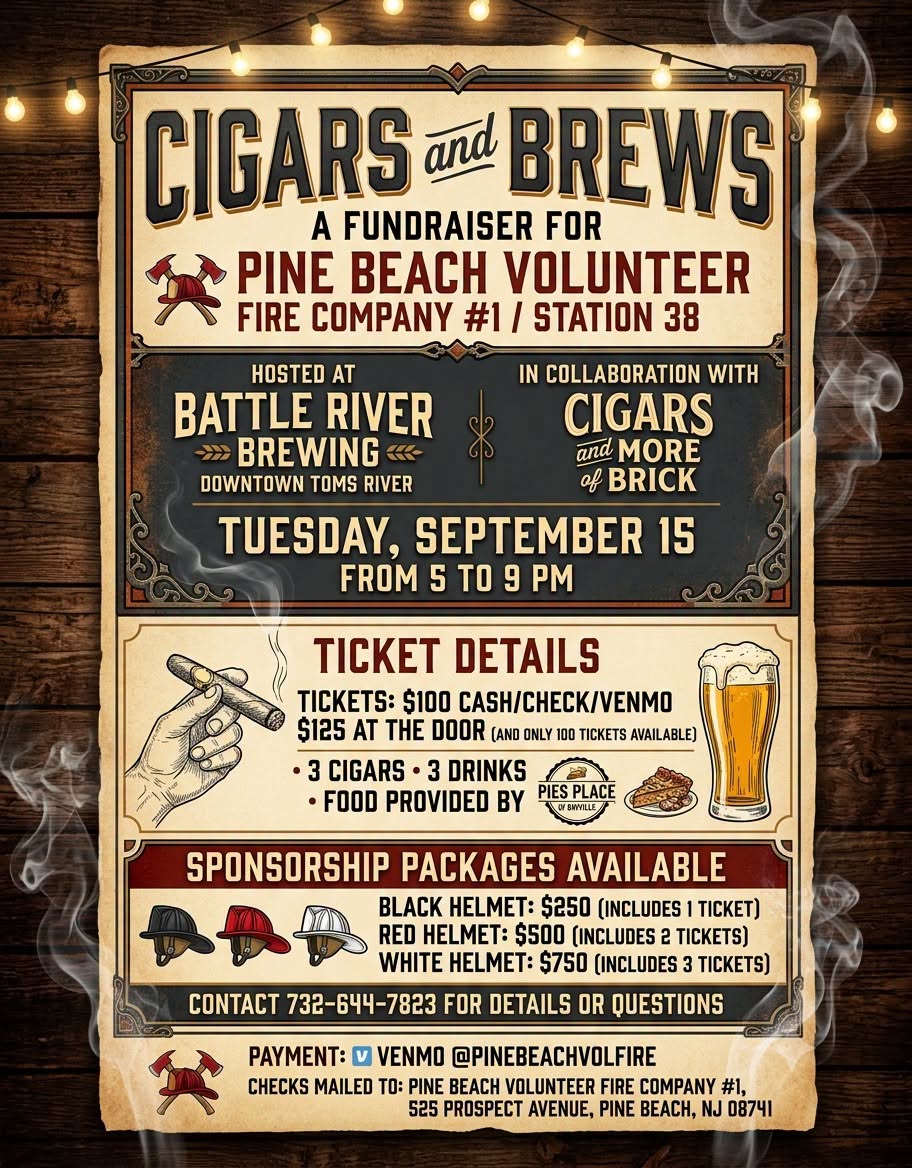 Cigars and Brews fundraiser flyer with graphic of a beer, a slice of pie on a plate and a hand holding a cigar