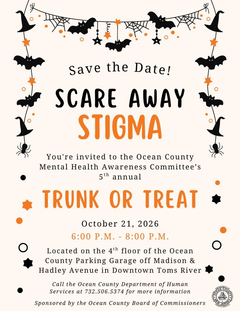 Scare Away Stigma Trunk or treat flyer with a border of bats, spider webs, stars, witch hats, and spiders