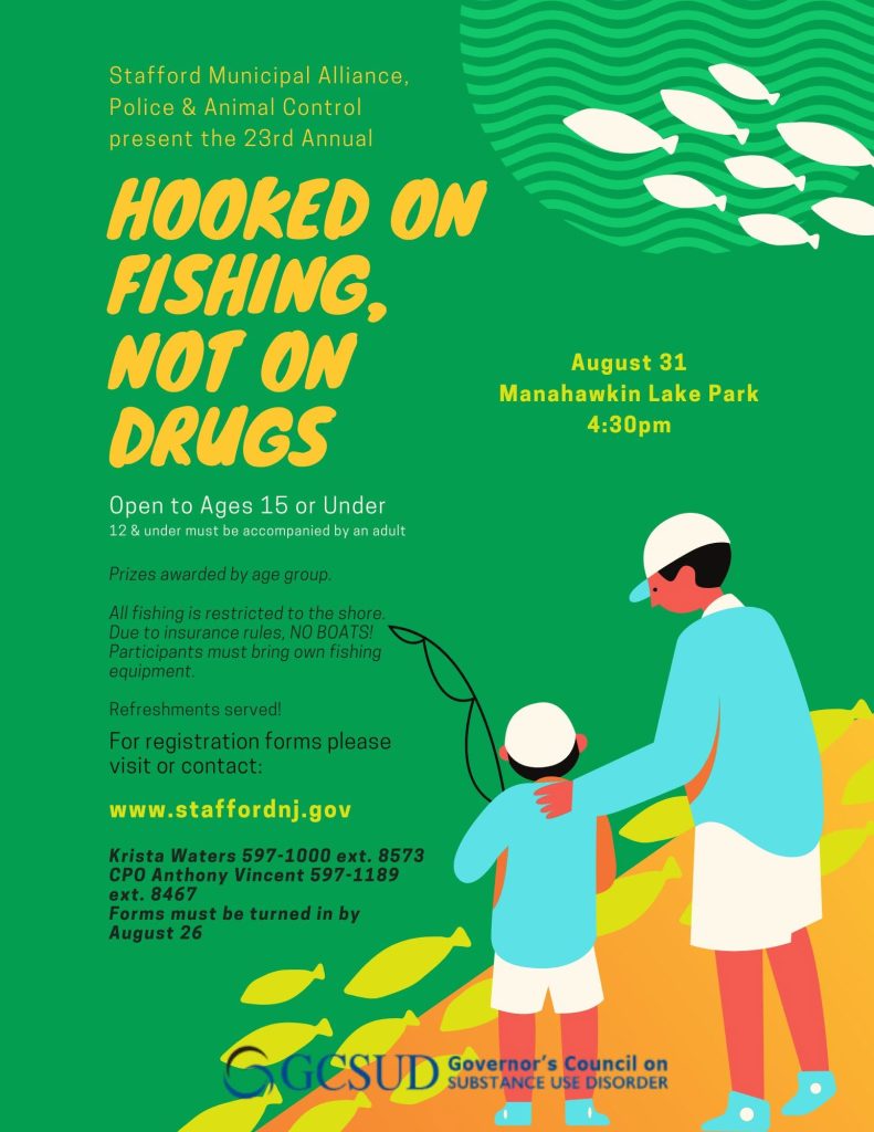 graphic of man & boy holding a fishing rod and yellow fish swimming 