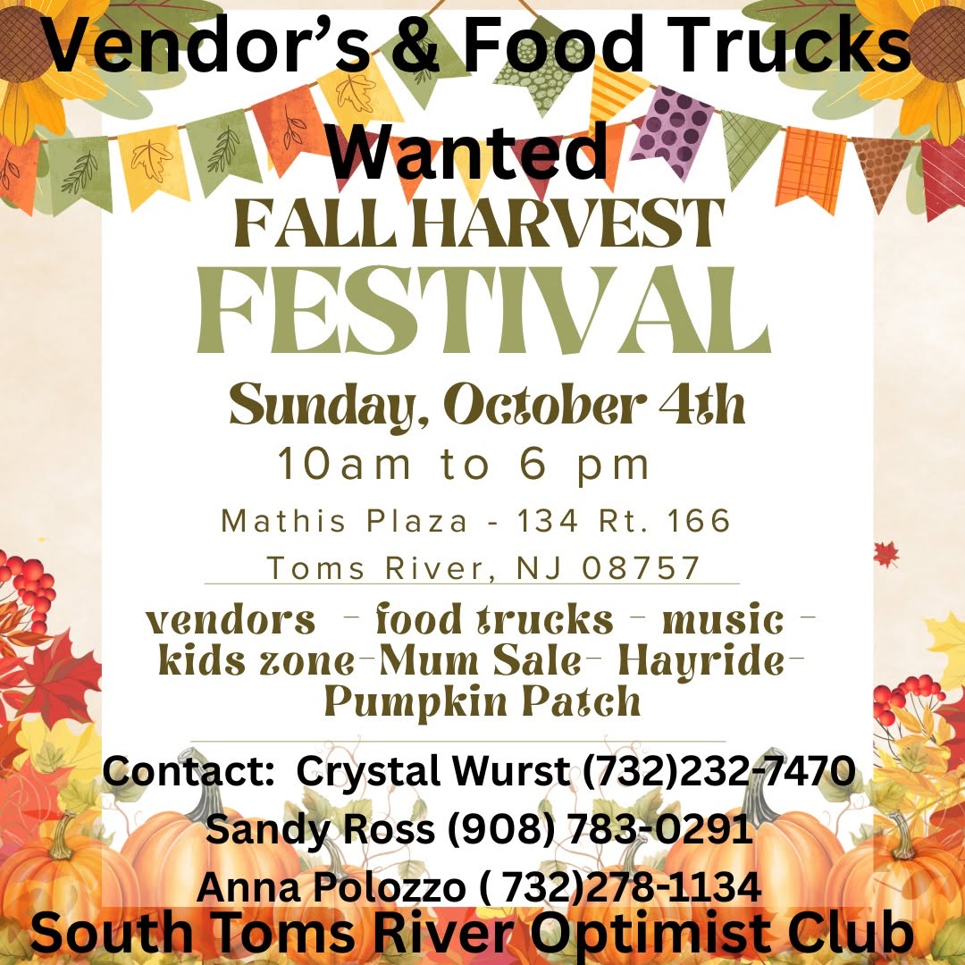 fall harvest festival flyer with a border of red and yellow leaves, pumpkins, sunflowers and a banner with leaves on it