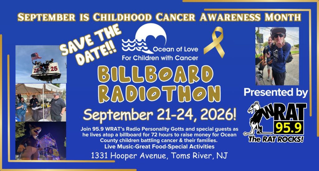 Billboard Radiothon flyer with photos of people under a white tent, a man wearing sunglasses , a hat and headphones, and people on top of a billboard sign. 