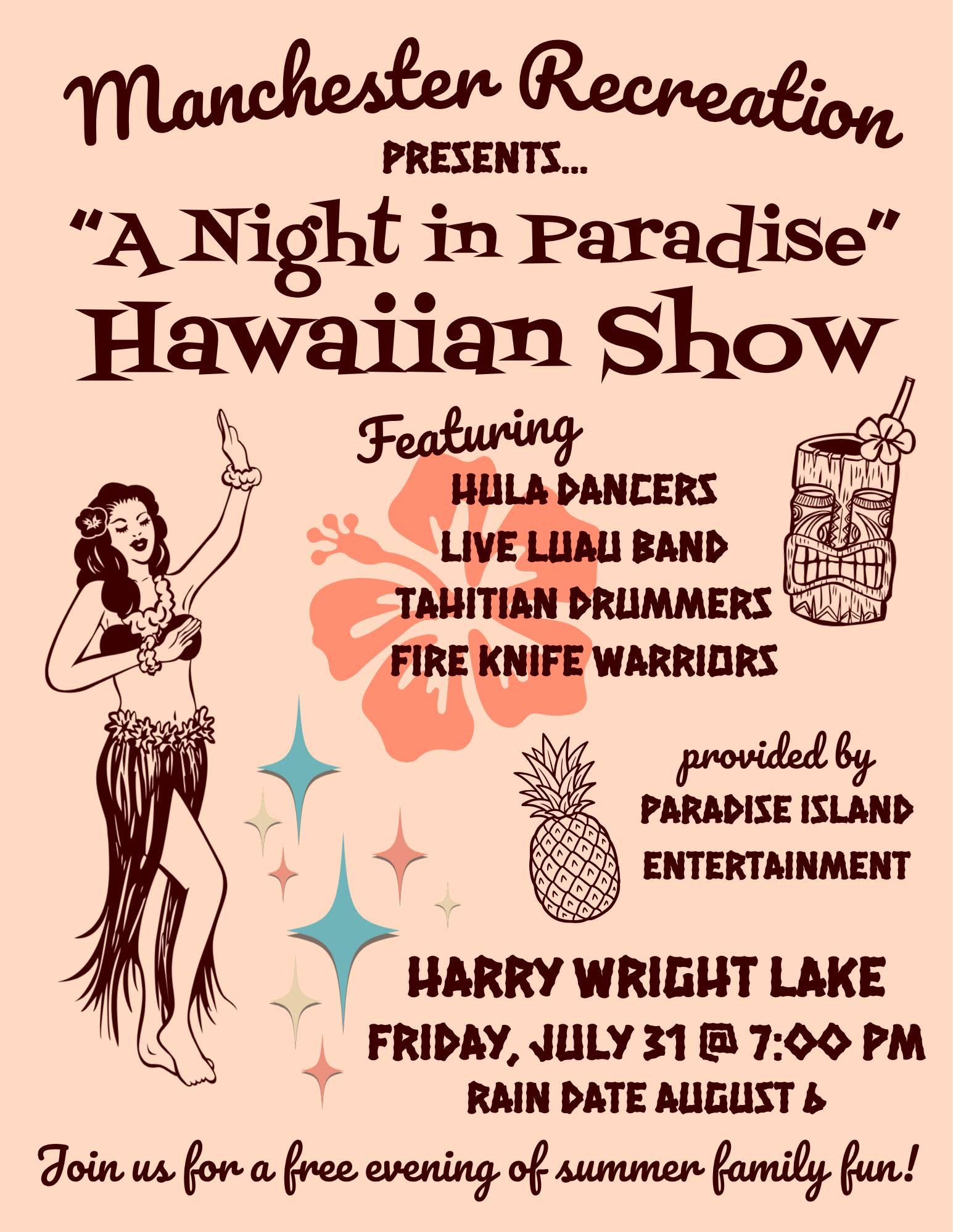 graphic of a hula dancer a pineapple and flowers