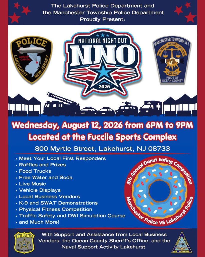 National Night out Flyer on a red and blue background with red stars