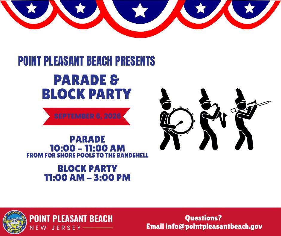 graphic of a marching band and red, white and blue banners
