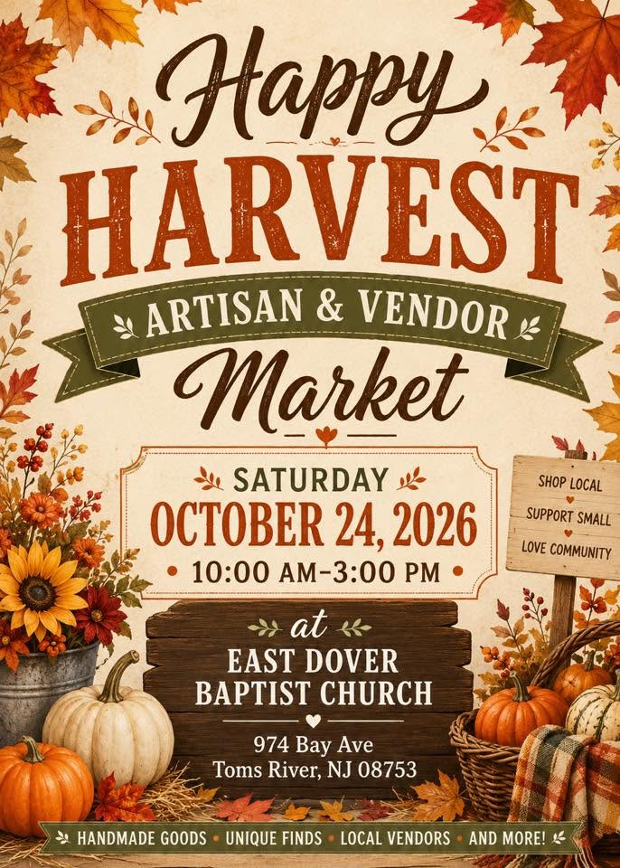 happy harvest vendor market flyer with pumpkins, assorted fall colored flowers in a tin bucket, pumpkins in a wooden basket and fall colored leaves around the border.