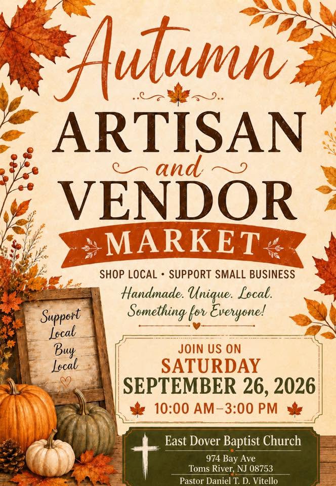 vendor market flyer with pumpkins, assorted fall colored flowers, pumpkins in front of a signt hat says support local buy local and fall colored leaves around the border.