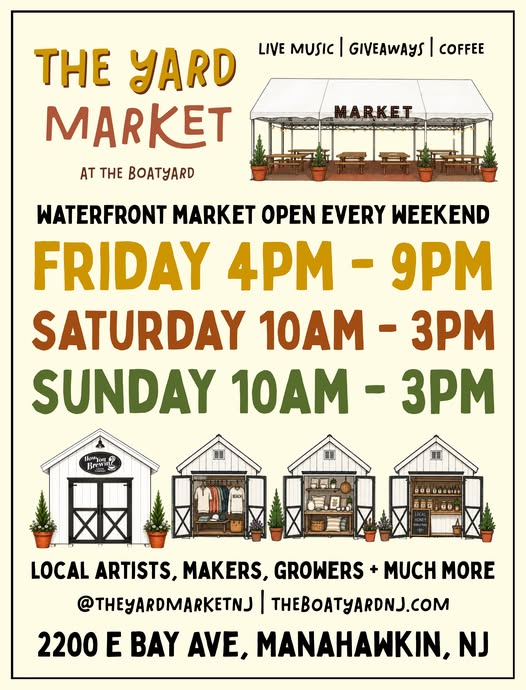 Graphic of vendor tents with picnic tables underneath and small sheds with clothes, home decor and food inside