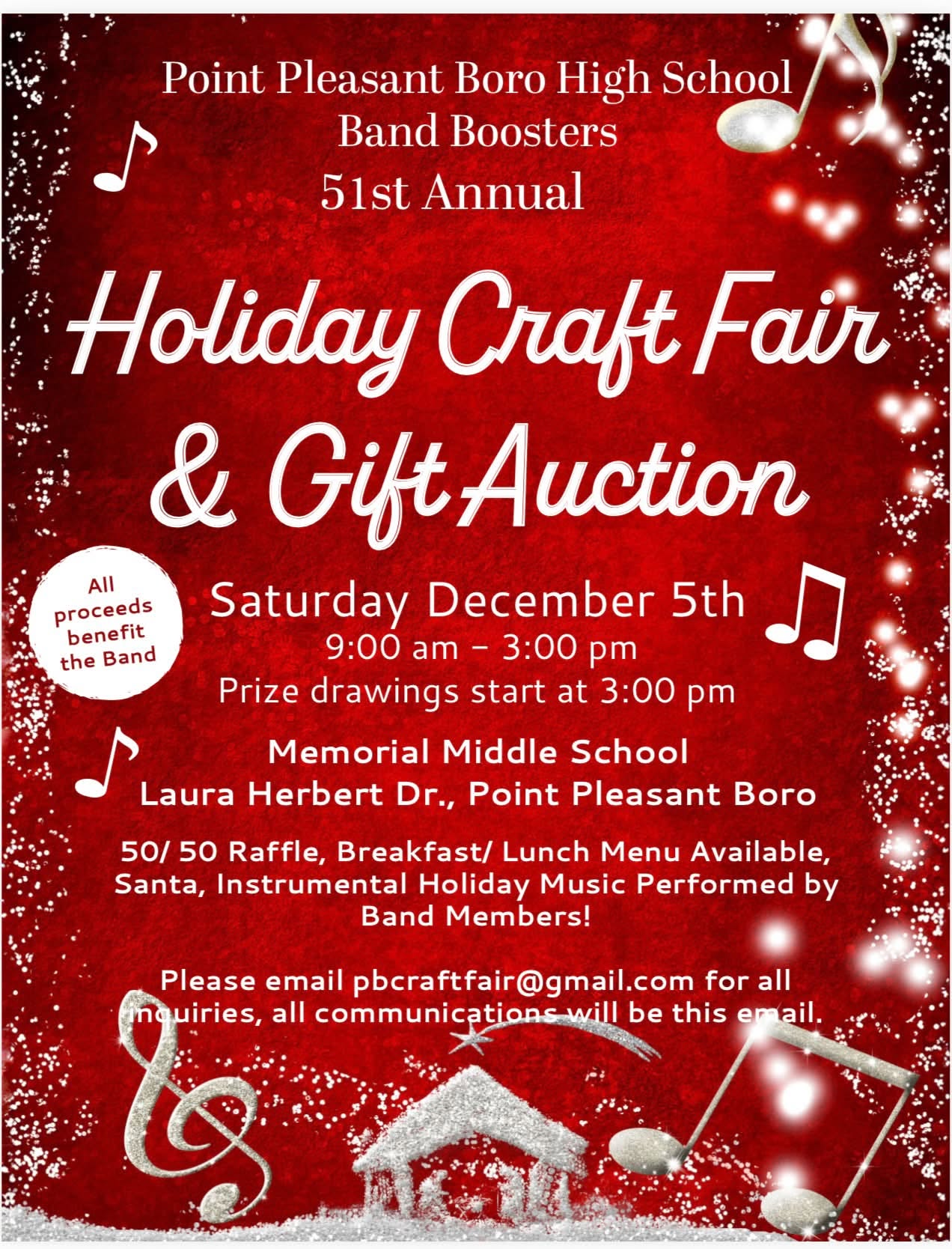 craft fair flyer on a red background with white musical notes and snowflakes