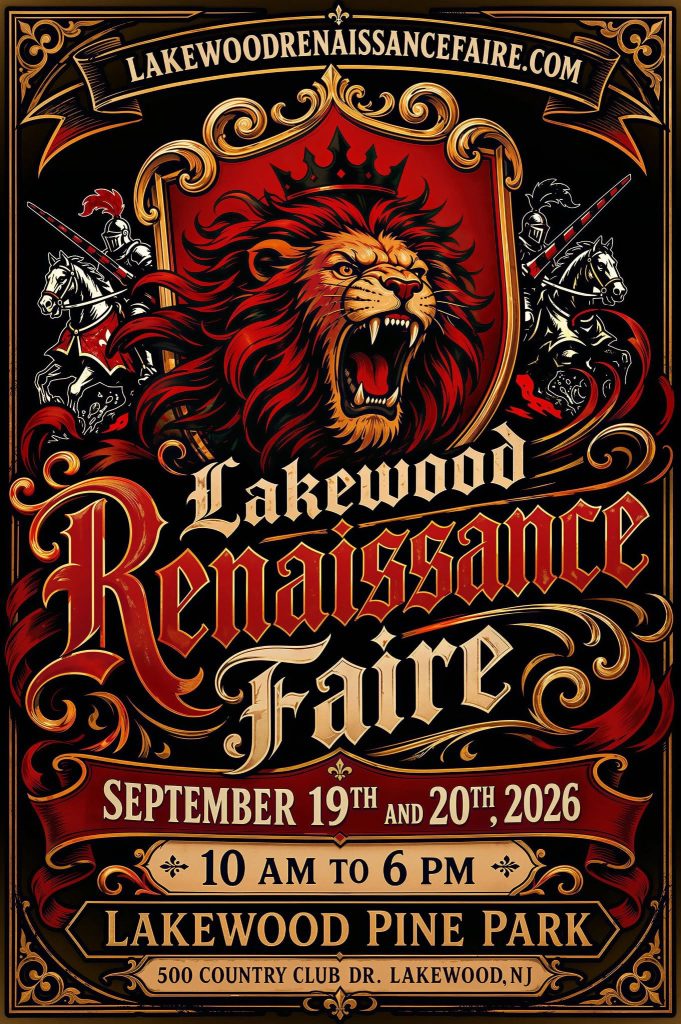 flyer with a lion roaring with a crown on its head and two jousters on horses 