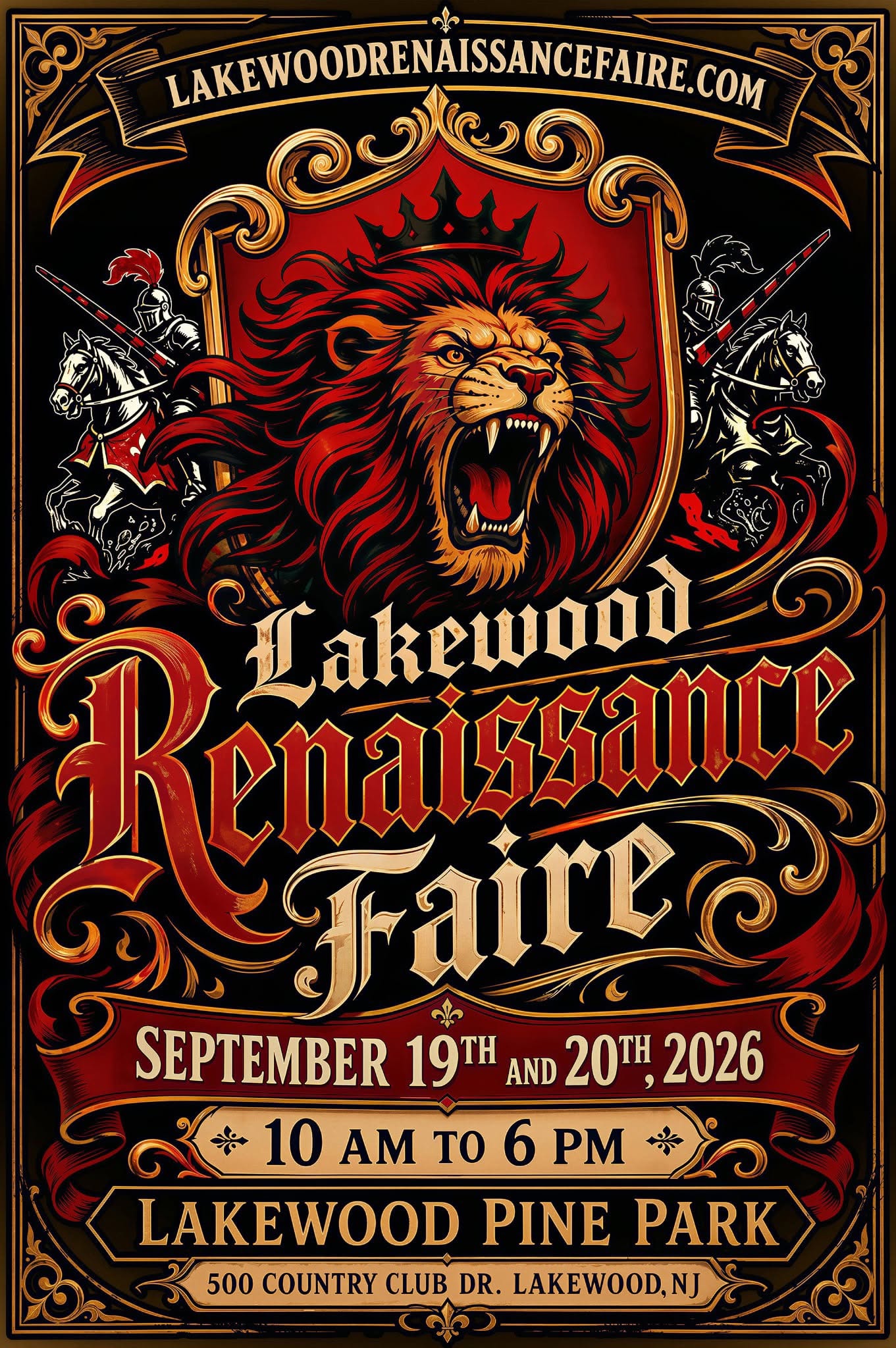 flyer with a lion roaring with a crown on its head and two jousters on horses