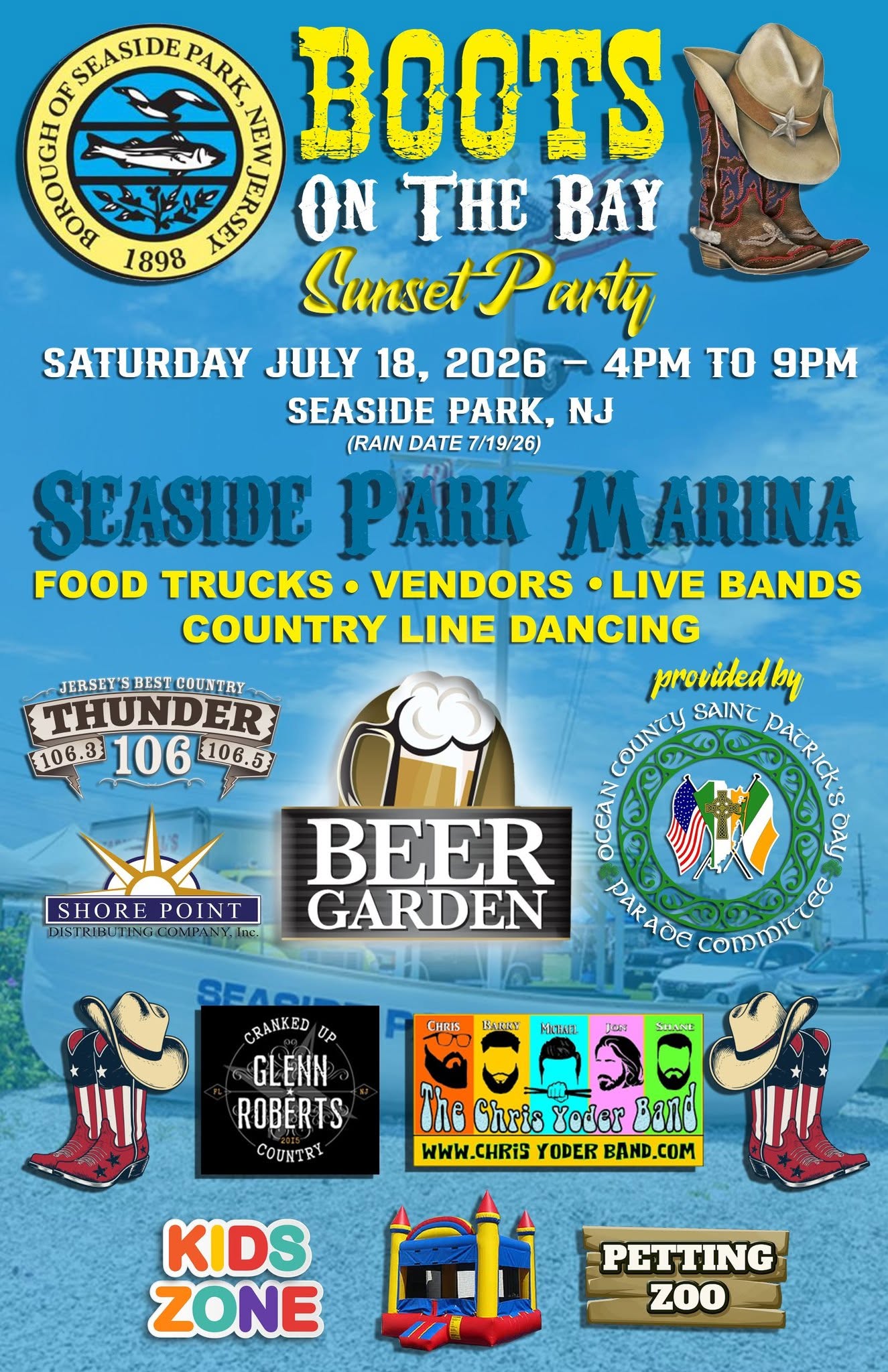 boots on the bay flyer on a blue background with a boat that reads Seaside Park and cars in a parking lot