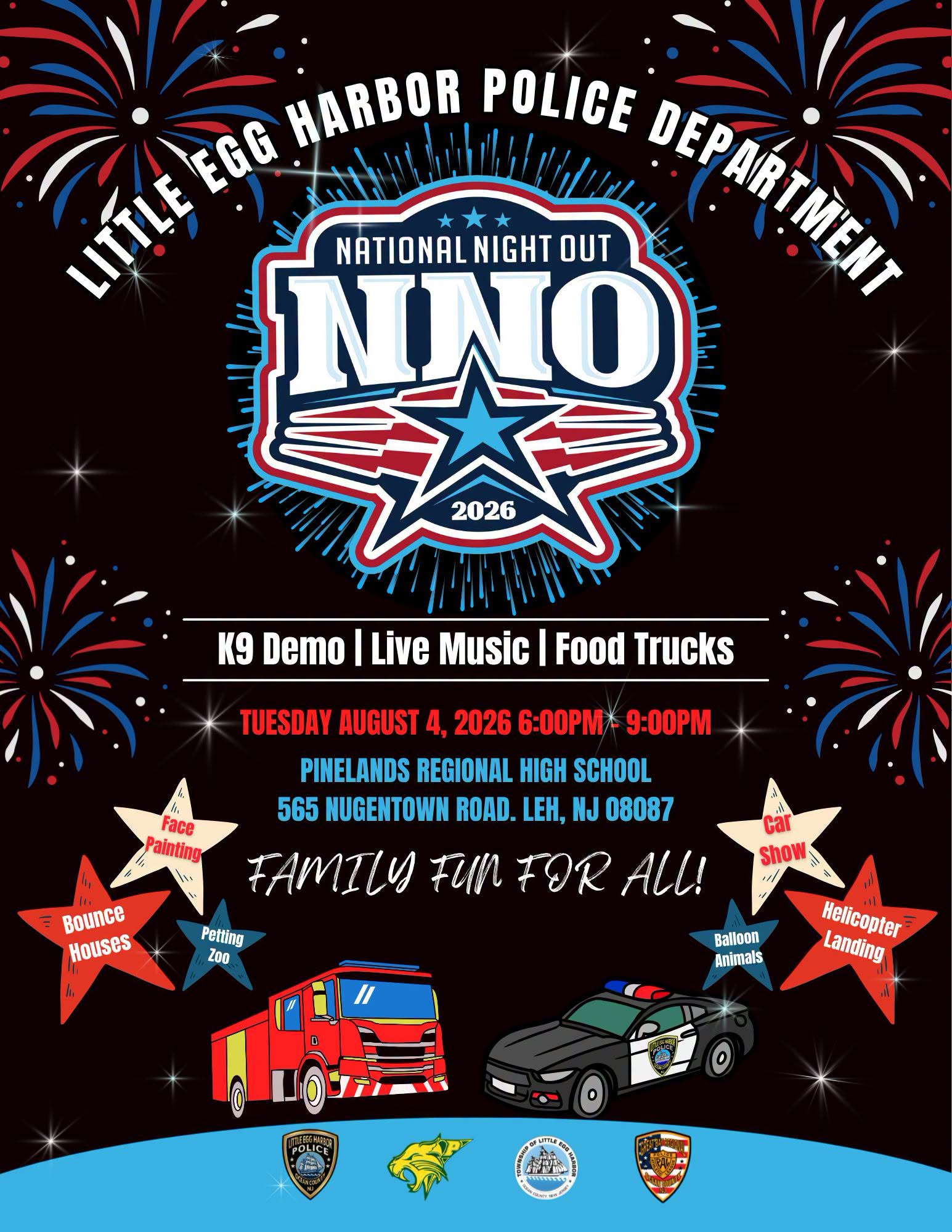 national night out flyer with a graphic of a police car, red, white and blue fireworks and a fire truck