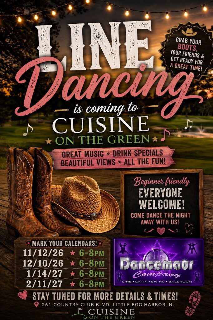 Line dancing flyer with a cowboy hat and boots with a golf course in the background 