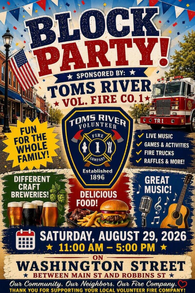Block party flyer with a fire truck in the street by downtown shops 