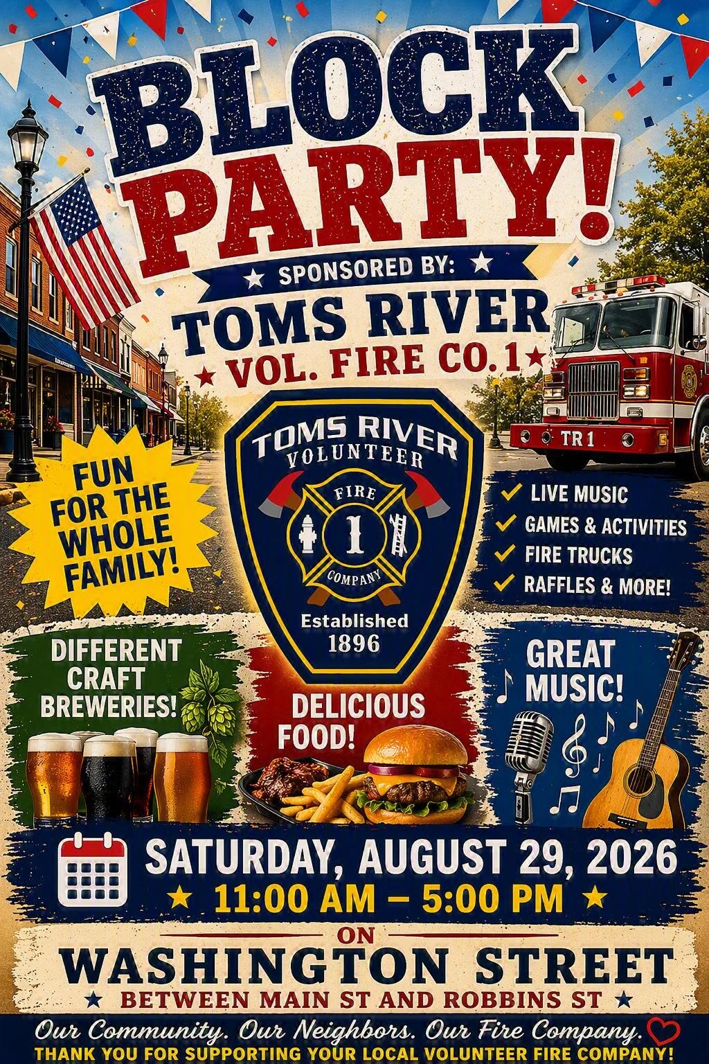 Block party flyer with a fire truck in the street by downtown shops