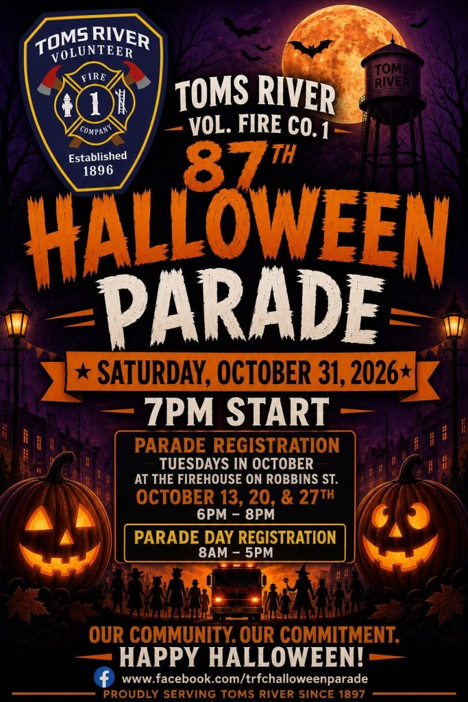 Jack o' lanterns, a full moon, bats flying and people in costumes around a fire truck for Halloween parade flyer