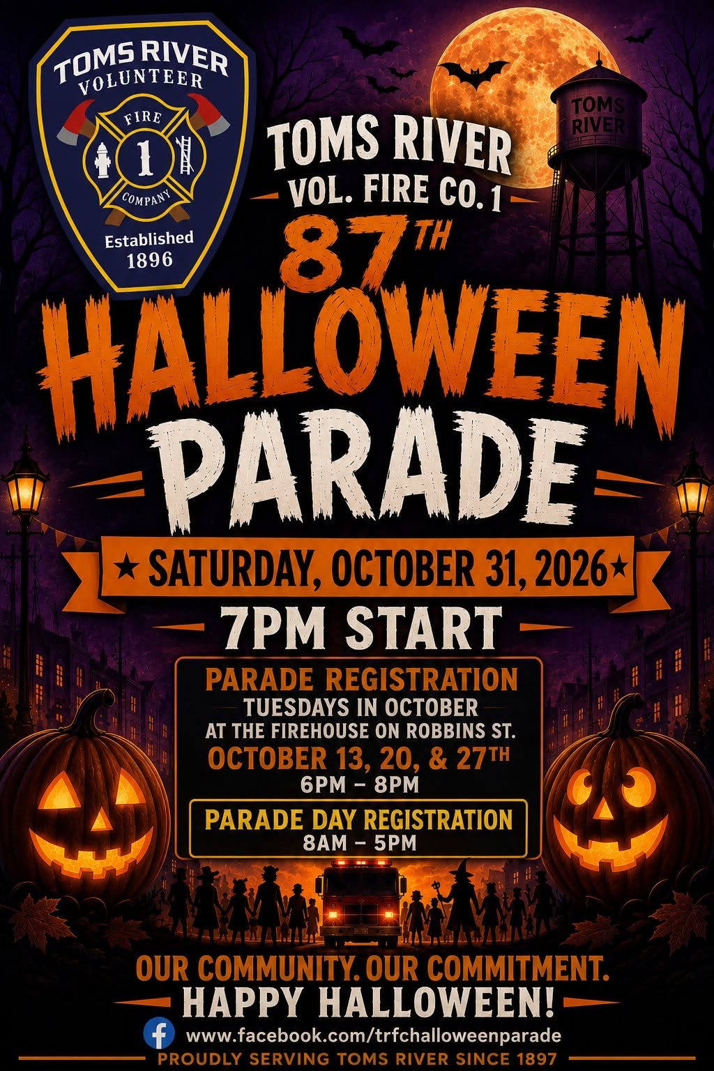 Jack o' lanterns, a full moon, bats flying and people in costumes around a fire truck for Halloween parade flyer