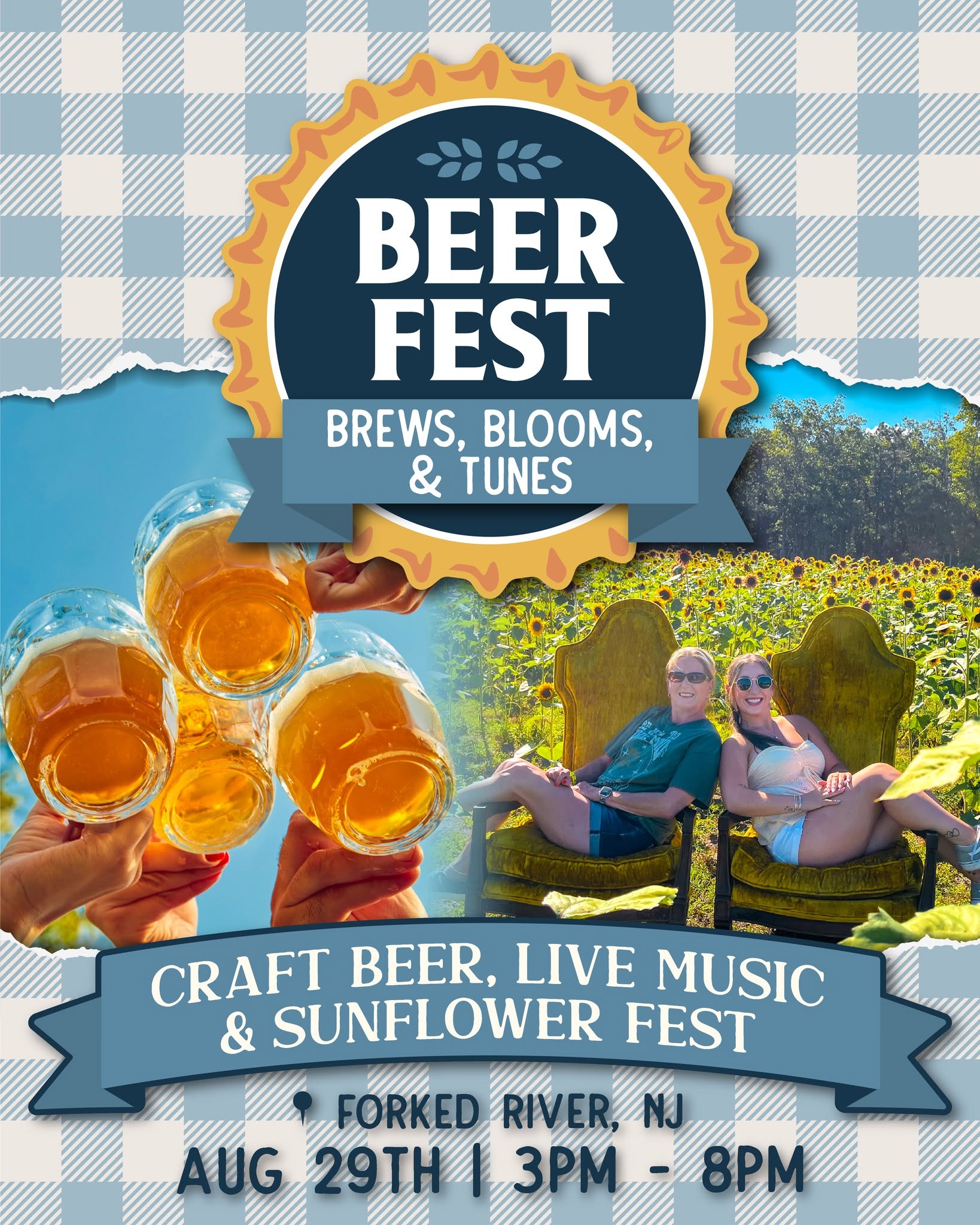 Beer Fest flyer on a blue plaid background. Photo of people holding beer glasses doing cheers, and two women sitting in chairs in a sunflower field