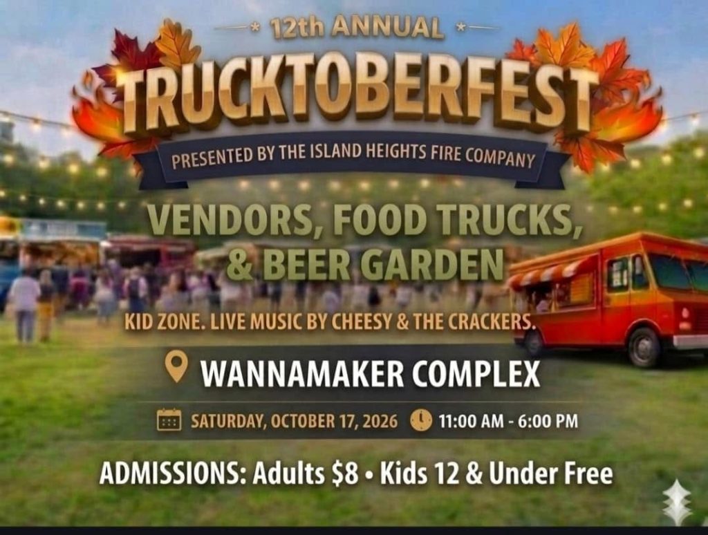 trucktoberfest flyer. Food truck and people at vendor tents in a grass field 