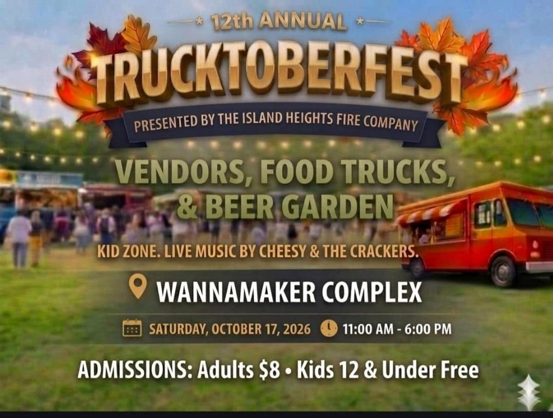 trucktoberfest flyer. Food truck and people at vendor tents in a grass field