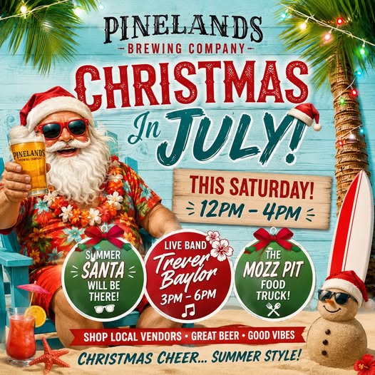 Santa Claus holding a beer in a glass in a Hawaiian shirt, a snowman made out of sand, a surfboard and palm trees with Christmas lights on them