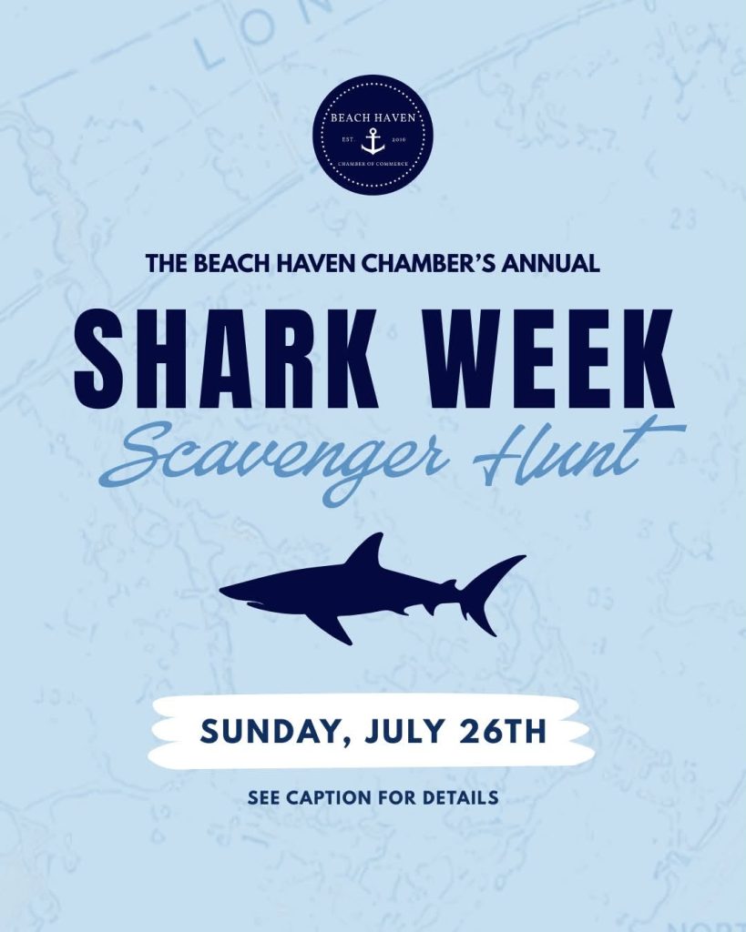 Shark week scavenger hunt flyer with a light blue background and a navy blue shark