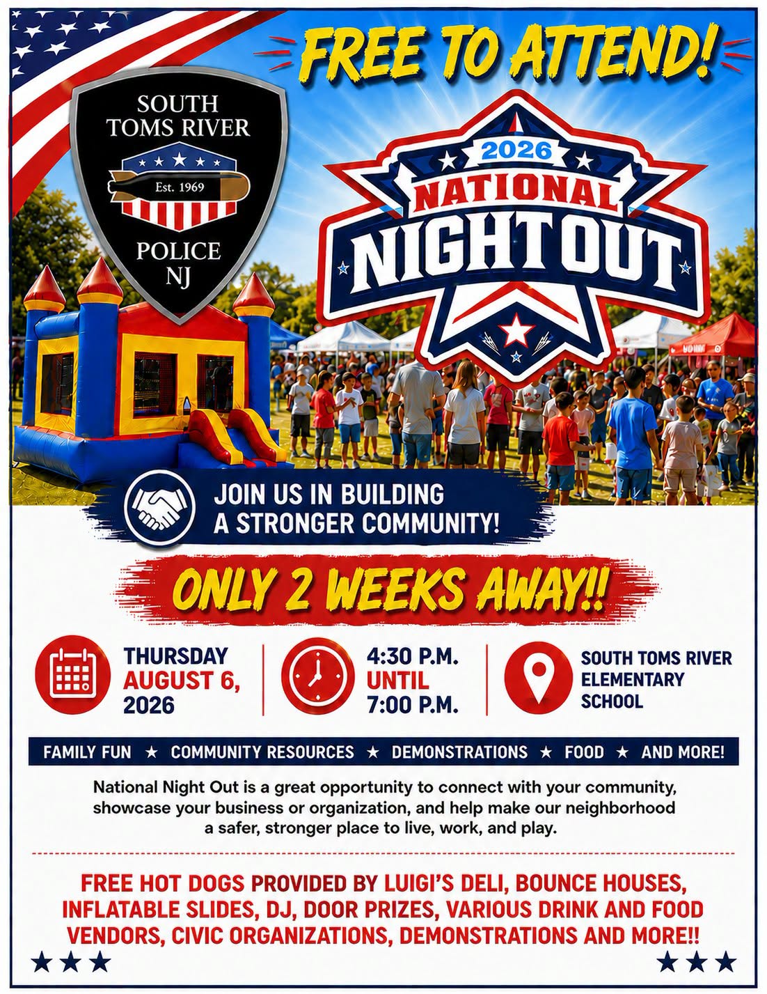 National Night Out flyer with photo of a bounce house and people walking around to vendor tents