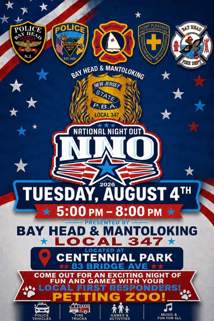 national night out flyer with blue background and an American Flag. Red, white and blue stars 