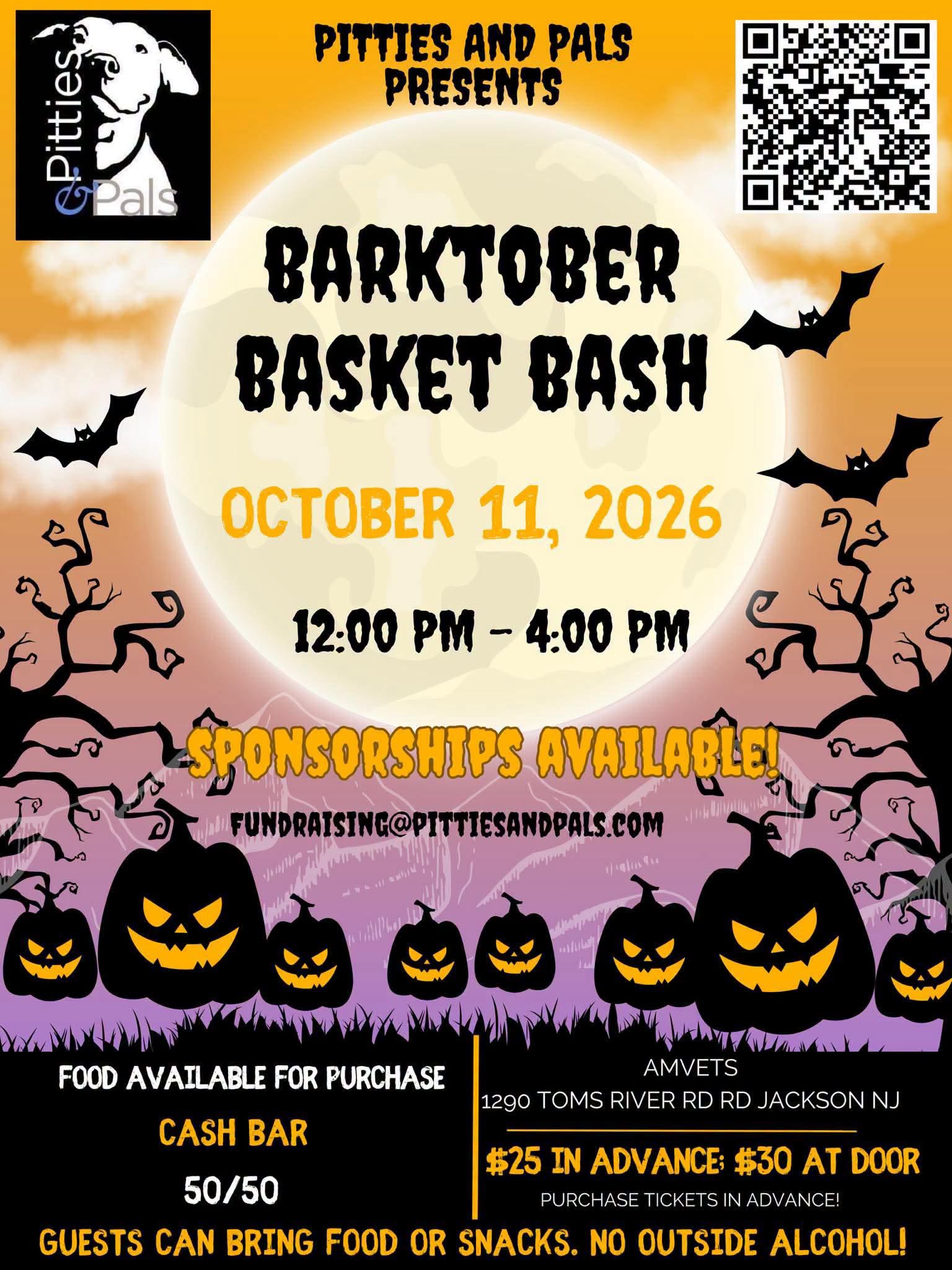 barktober basket bash flyer with an ornage and purple background displaying jack o lanterns, bats and trees in black