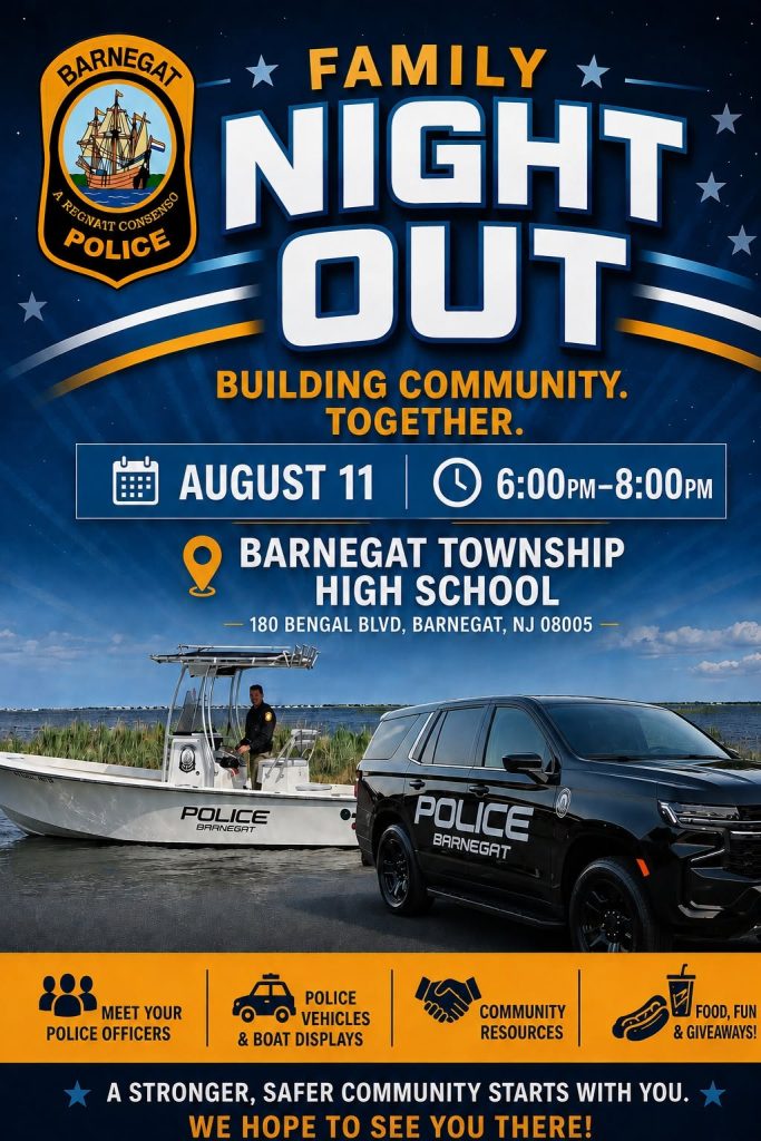 Family Night out flyer for Barnegat Police Department. Barnegat police suv and a boat in the water 