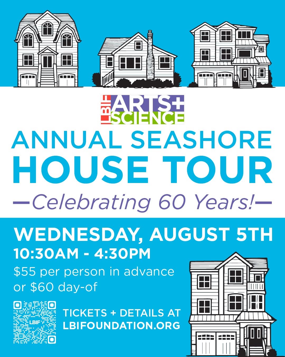 Annual Seashore house tour flyer on a blue and white background featuring graphics of four houses
