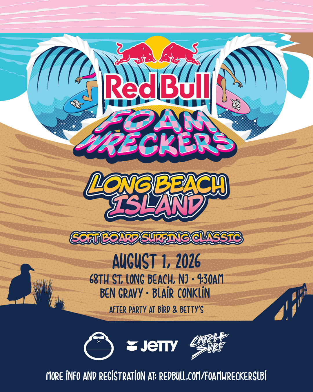 Red Bull foam wreckers lbi event flyer with a graphic of a beach featuring the Red Bull logo