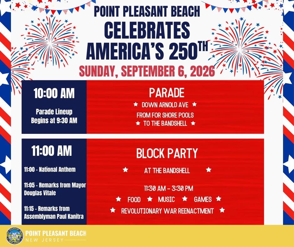America 250th celebration flyer for Borough of Point Pleasant Beach featuring red, white and blue fireworks and banners