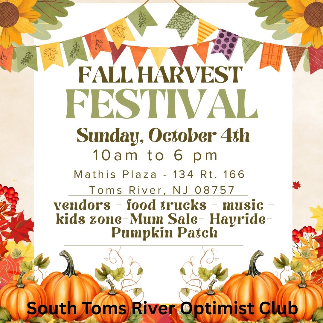 fall harvest festival flyer with a border of red and yellow leaves, pumpkins, sunflowers and a banner with leaves on it