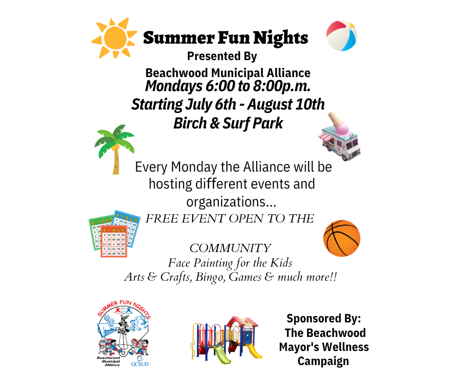 Graphic of a sun, beach ball, palm tree, ice cream truck, basketball, bingo cards and a playground.